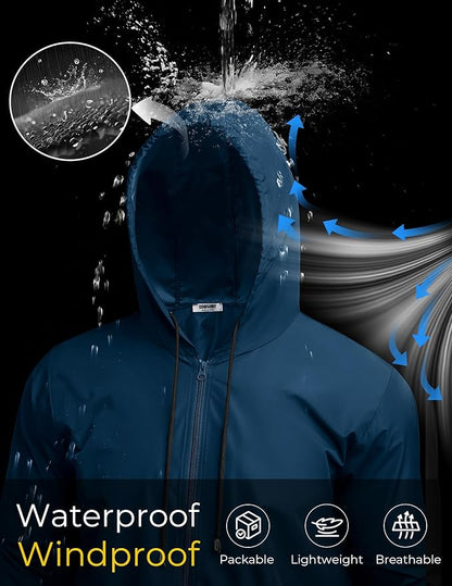 COOFANDY Mens Packable Rain Jacket Lightweight Waterproof Raincoat with Hood Outdoor Rain Gear Travel Hiking Cycling