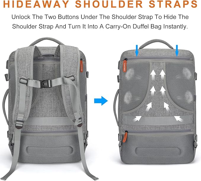 Lumesner Carry on Travel Backpacks, Extra Large 40L Flight Approved for Men & Women,Expandable Suitcase backpack (Grey (Backpack With 4 Packing Cubes))