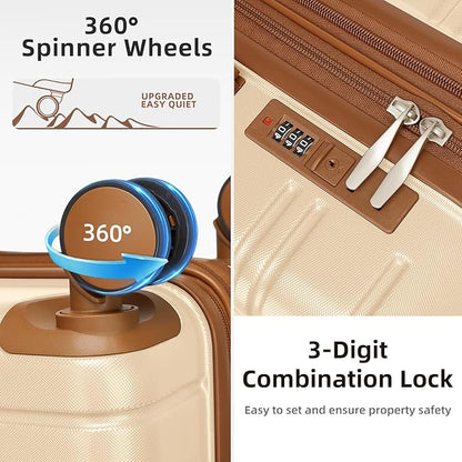 LARVENDER Luggage Sets 5 Piece Hardside Expandable Suitcase with Wheels Lock,Hardside Lightweight Rolling Suitcase for Women and Men,Cream