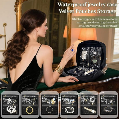 Travel Jewelry Organizer and Storage Case for Women, Travel Jewelry Storage with 36 Velvet Zipper Velvet Pouches, Portable Gift for Earrings Necklaces, Rings, Bracelet, Watch