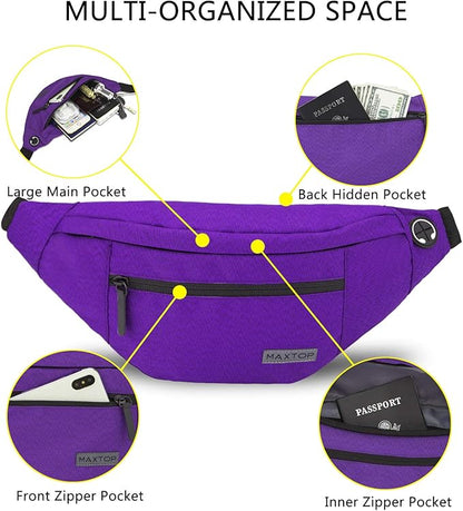 MAXTOP Large Crossbody Fanny Pack with 4-Zipper Pockets,Gifts for Enjoy Sports Festival Workout Traveling Running Casual Hands-Free Wallets Waist Pack Phone Bag Carrying All Phones