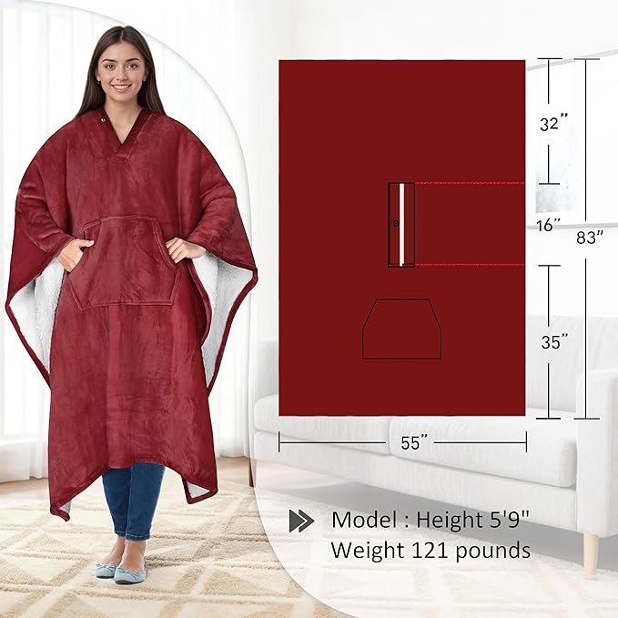 Catalonia Sherpa Wearable Blanket Poncho for Adult Women Men, Wrap Blanket Cape with Pocket, Warm, Soft, Cozy, Snuggly, Comfort Gift, No Sleeves, Wine