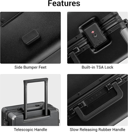 LEVEL8 Zipperless Carry On Suitcase Airline Approved with Aluminum Frame, Hard Shell Luggage with Spinner Wheels, Metal Travel Luggage with Packing Organizers, 20 Inch, Black