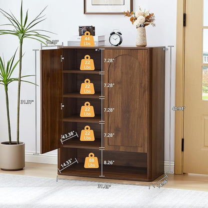 Tall and Large Shoe Storage Cabinet Set of 2 with Doors and Adjustable Shelves, 5-Tier Modern Shoe Rack Cabinet Storage for Entryway, Entrance, Hallway, Foyer/Kitchen Sideboard - Walnut