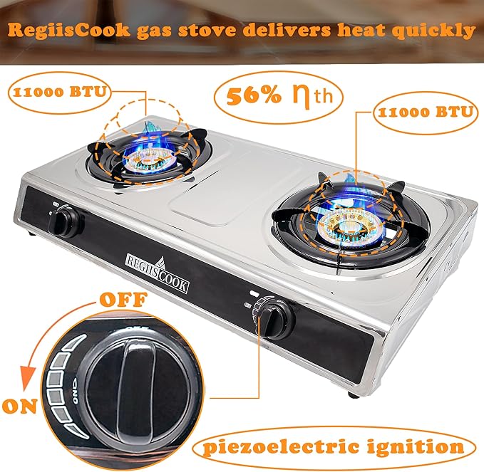 Double Burner Propane Gas Cooktop,Camping Portable LPG Gas Stove, Auto Ignition Stainless Steel Countertop with Regulator and Burner Grate