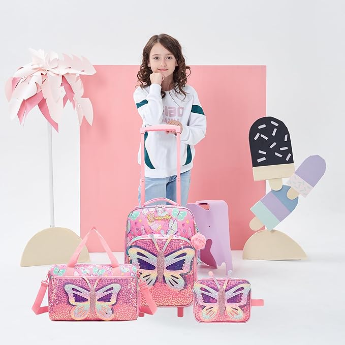Kids Pink Butterfly Luggage with Wheels Suitcases Travel Softside Suitcases 16" Carry on Suitcase with Duffle Bag Luggage Sets Airline Approved