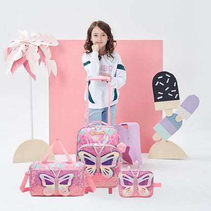 Kids Pink Butterfly Luggage with Wheels Suitcases Travel Softside Suitcases 16" Carry on Suitcase with Duffle Bag Luggage Sets Airline Approved