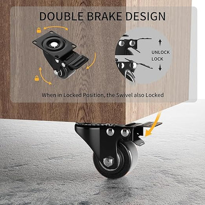 2 Inch Caster Wheels Heavy Duty, Casters Set of 4 with Brake, Locking Industrial Swivel Top Plate Casters Wheels for Furniture and Workbench Cart(Two Hardware Kits Include)