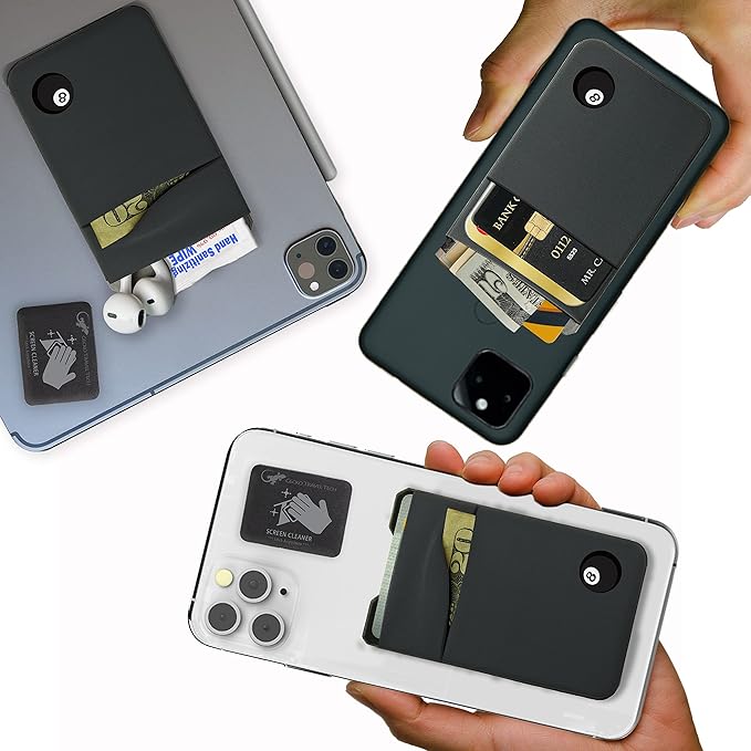 Gecko Travel Tech Double Pocket - Adhesive Card Holder - Cell Phone Pouch - Stick on Spandex Pocket - Carry Credit Cards and Cash (8 BALL)