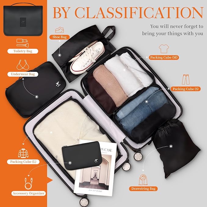 HOTOR Packing Cubes for Suitcases - 8 Pieces, Light Packing Cubes for Travel, Premium Suitcase Organizer Bags Set, Space-Saving Luggage Organizers, Travel Accessories and Essentials, Black