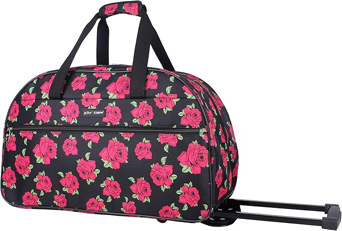 Betsey Johnson Designer Carry On Luggage Collection - Lightweight Pattern 22 Inch Duffel Bag- Weekender Overnight Business Travel Suitcase with 2- Rolling Wheels (Covered Roses)