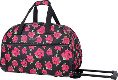 Betsey Johnson Designer Carry On Luggage Collection - Lightweight Pattern 22 Inch Duffel Bag- Weekender Overnight Business Travel Suitcase with 2- Rolling Wheels (Covered Roses)