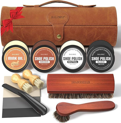 Shoe Polish Kit, 13PCS Leather Shoes Shine Kit for Men with Black Brown Neutral Polish, Mink Oil, Horsehair Brushes for Leathers Boot Care as Mens Dad Christmas Gifts Ideas