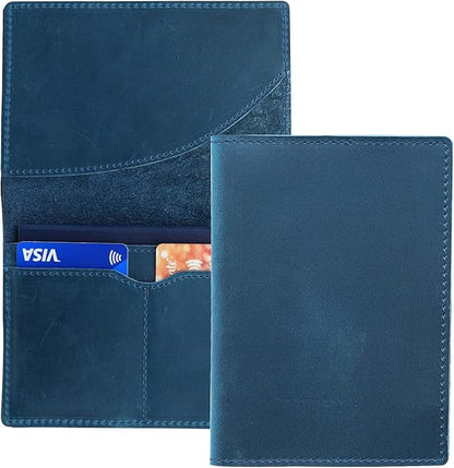 Leather Passport Holder with Travel Wallet, Genuine Leather Passport Cover- Passport Wallet, Leather Folding Wallet for Passports (Oval Cut, Blue)