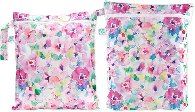Bumkins - Waterproof Wet and Wetdry Bags - For Beach, Baby, Travel, Swim Suit, Cloth Diapers, Pump Parts, Pool, Gym, Toiletries - Reusable & Easy to Clean - Watercolor Floral - 2 Pack