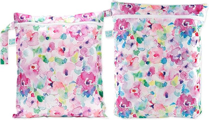 Bumkins - Waterproof Wet and Wetdry Bags - For Beach, Baby, Travel, Swim Suit, Cloth Diapers, Pump Parts, Pool, Gym, Toiletries - Reusable & Easy to Clean - Watercolor Floral - 2 Pack