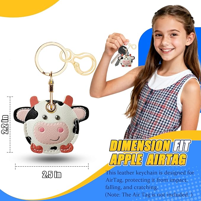 Leather Keychain for Airtag, Cute Protective Keychain Holder Compatible with Apple Air Tag,GPS Item Tracker Case Cover for Keys,Bags,Pets,Luggage(Cow)