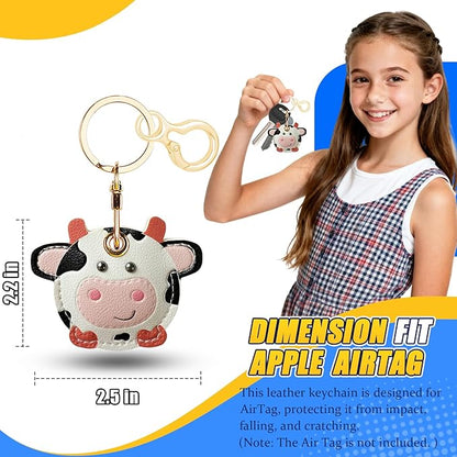 Leather Keychain for Airtag, Cute Protective Keychain Holder Compatible with Apple Air Tag,GPS Item Tracker Case Cover for Keys,Bags,Pets,Luggage(Cow)