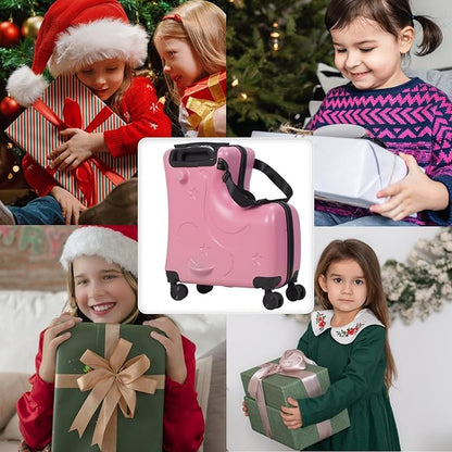 4-Wheel Carry On Luggage with Seat for Kids with Seat and Safety Belt, Large Capacity Hard Shell Suitcase Durable Rolling Luggage 4 Spinner Wheels, Waterproof Pocket, Adjustable Handle Pink