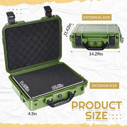 1 Pcs 14.3 x 11.4 x 4.5 Inch Waterproof Hard Case with DIY Customizable Foam Insert Portable Protective Case with Knife for Camera Drones Equipments Tools Test Instruments (Green)