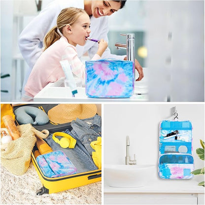Kids Hanging Toiletry Bag for Girls, Travel Toiletry Bag for Little Young Girls Cosmetic Makeup Waterproof Wash Bag Toddler Traveling Toiletries, Tie Dye Blue