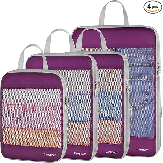 Cambond See Through Mesh Compression Packing Cubes - 4 Set Space Saving Packing Cubes for Travel Women, Lightweight Travel Bags Luggage Packing Organizer Essentials for Suitcases, Purple