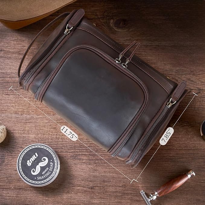 Polare Full Grain Leather Toiletry Bag Travel Dopp Kit Makeup Cosmetic Organizer Shaving Kit Wash Case with Hanging Hook