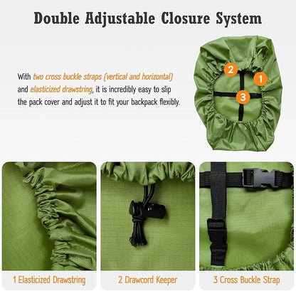 Waterproof Backpack Rain Cover (15-90L), Heavy-Duty Nylon Pack Cover with Upgraded Double Adjustable Closure System and a Carry Pouch for Hiking, Cycling. Durable and Lightweight.