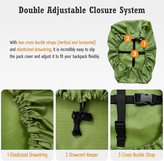 Waterproof Backpack Rain Cover (15-90L), Heavy-Duty Nylon Pack Cover with Upgraded Double Adjustable Closure System and a Carry Pouch for Hiking, Cycling. Durable and Lightweight.
