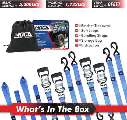 MOCA Blue Heavy Duty Ratchet Tie Down Straps - 5200 Lbs Breaking Strength 1.6" x 8', Includes 4 Heavy Duty Ratchet Padded Handles & Coated Chromoly S Hooks & 4 Soft Loop Tie-Downs