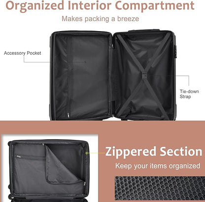 Merax Luggage Sets 3 Piece, Hardshell ABS Lightweight Durable Suitcases with Double Spinner Wheels, Black Brown, 20/24/28 Inch