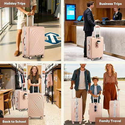 3-Piece Hardside Luggage Sets Aluminum Frame, 20+24+28 Inch Suitcases with USB Charging Port, Foldable Cup Holder, TSA Locks & Spinner Wheels for Travel, Light Pink