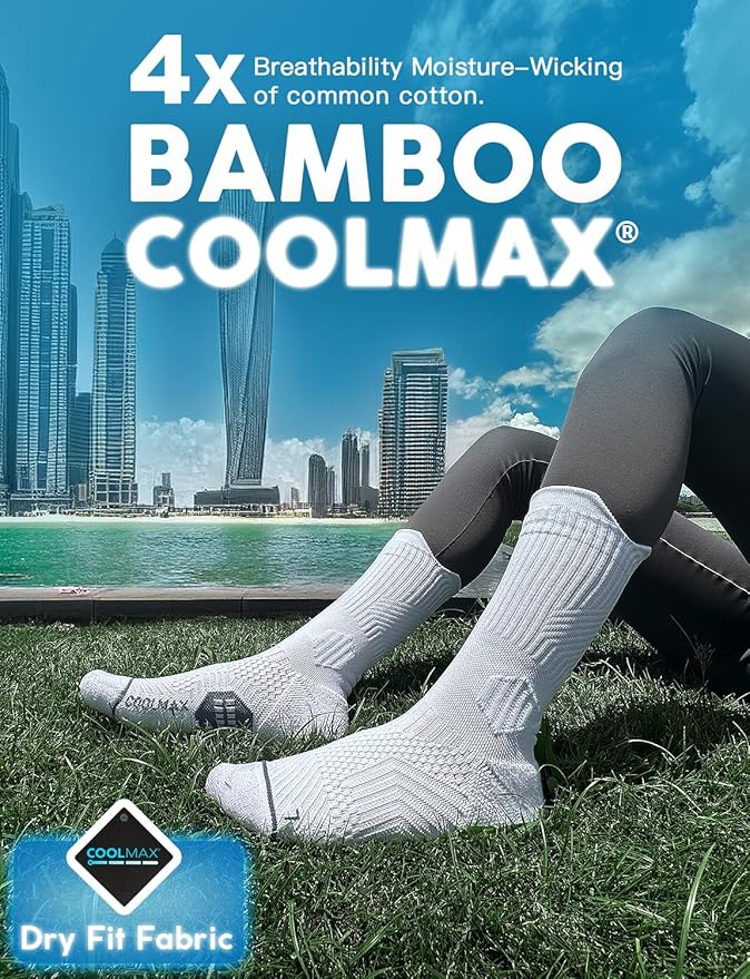 Womens Coolmax Bamboo Viscose Compression Running Crew Socks, Moisture-Wicking Anti-Blister Hiking&Gym Athletic