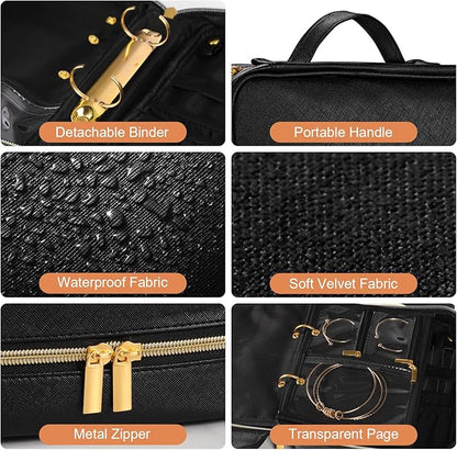 Travel Jewelry Case Organizer for Women, Jewelry Storage Book with Small Pouch, Travel Jewelry Bag Case for Traveling Necklace, Earrings, Rings, Bracelet Organizer (Black)