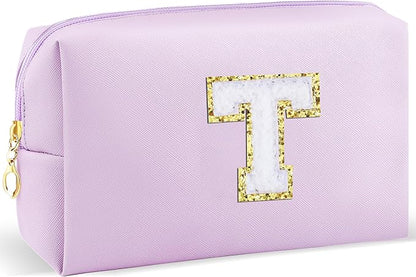 Gifts for Girls Initial Makeup Bag Personalized Cosmetic Bag with Zipper Cute Travel Toiletry Bag Waterproof PU Preppy Makeup Pouch Birthday Gift for Teen Girls Women(Purple T)