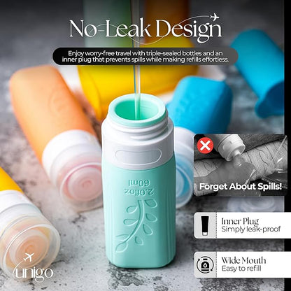 Unigo 30pack Full Set TSA Approved Travel Bottles, Travel Size Containers for Toiletries, Refillable Leakproof Travel Shampoo and Conditioner Bottles, Toiletry Containers,Extra Bottle Sleeves, (A-set)