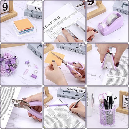 17 in 1 Purple Desk Organizers and Accessories Set, 3 Office Desk Supplies Storage Organization, 4 Pens, Stapler, Staples & Remover, Tape & Dispenser, Scissors, Ruler, Clips, Hole Punch Back to School