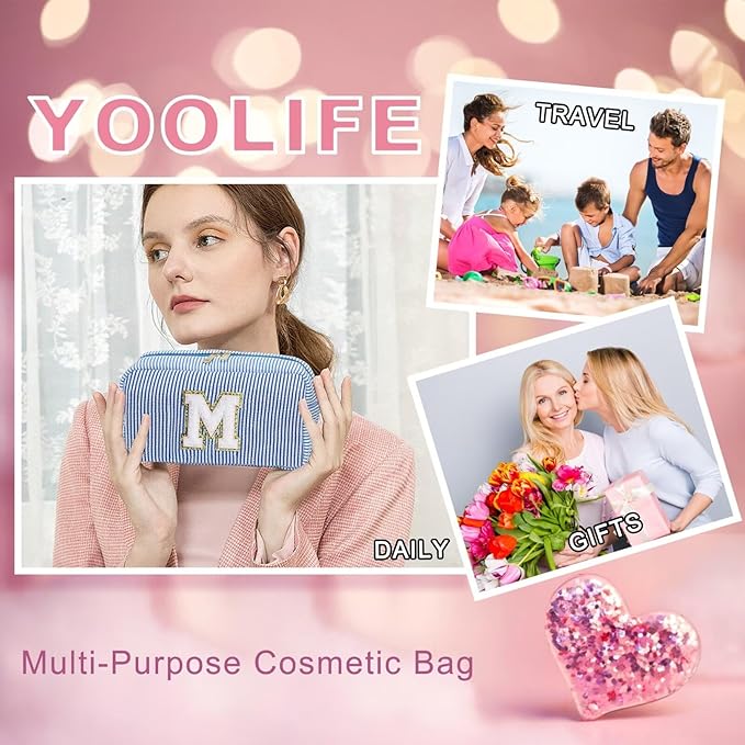 YOOLIFE Travel Makeup Cosmetic Bag - Personalized Monogram Cute Blue Initial Makeup Bags Cosmetic Toiletry Bag Pouch Make Up Case for Women Her Mom Friend Sister Teacher, Birthday Gifts for Women V