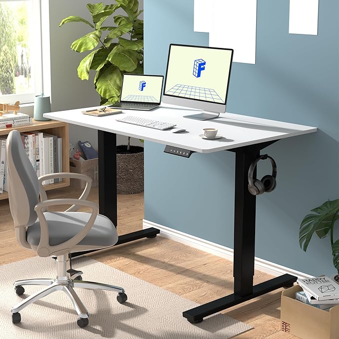 FLEXISPOT EN1 One-Piece Standing Desk with 1-Inch Thick Desktop, 48"x30" Electric Height Adjustable Desk for Home Office & Multi-Device Workstations, White