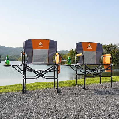 Wide Folding Director Chair with Table, Outdoor Camping Chair for Adults with Cup Holder Load 330 Lbs, Portable Lightweight Chair for Outside with Carry Bag for Patio, Orange-1Pack