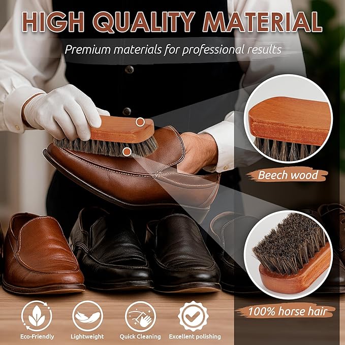 6.7" Horsehair Shoe Shine Brush Set of 2-100% Soft Genuine Horse Hair Bristles - Unique Concave Design Wood Handle - Comfortable Grip, Anti Slip - for Boots, Shoes & Other Leather Care