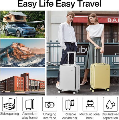 mixi Large Checked Luggage with Cup Phone Holder and Charger Hard Shell Suitcases with Spinner Wheels, 26 Inch Lark Yellow