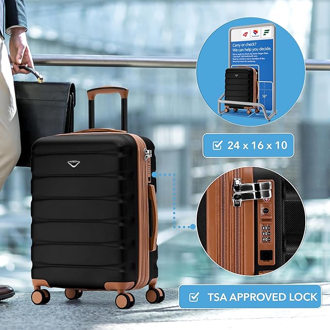 Flight Knight 24x16x10 Expandable Carry On Suitcase Hardside TSA Lock USB C Lightweight Luggage Silent Double Spinner Wheels Maximum Overhead Carry-On Bag For Virgin & South West Approved Airlines
