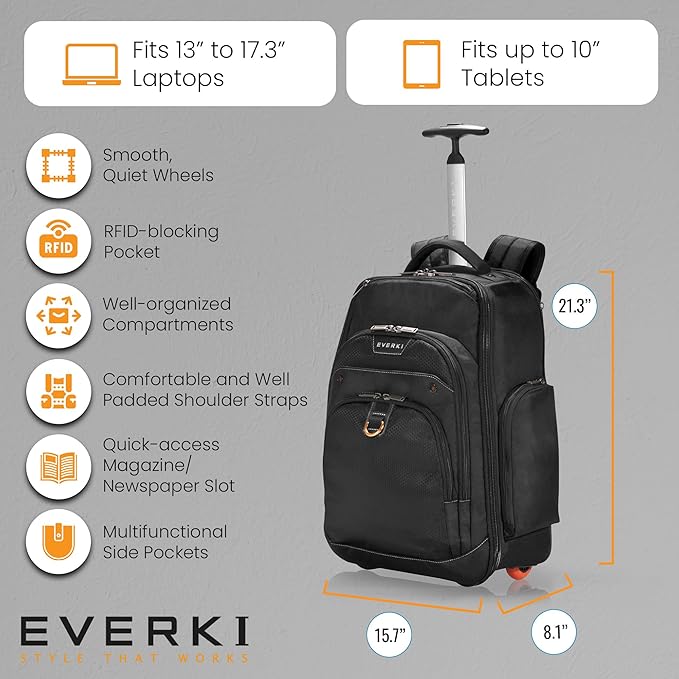 EVERKI Atlas 30L Wheeled Laptop Backpack – Carry-On Travel Backpack for Women & Men – Fits 13 to 17.3-Inch Laptops with Adjustable Compartment – Rolling Backpack for Travel – Black (EKP122)
