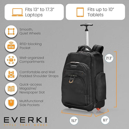 EVERKI Atlas 30L Wheeled Laptop Backpack – Carry-On Travel Backpack for Women & Men – Fits 13 to 17.3-Inch Laptops with Adjustable Compartment – Rolling Backpack for Travel – Black (EKP122)