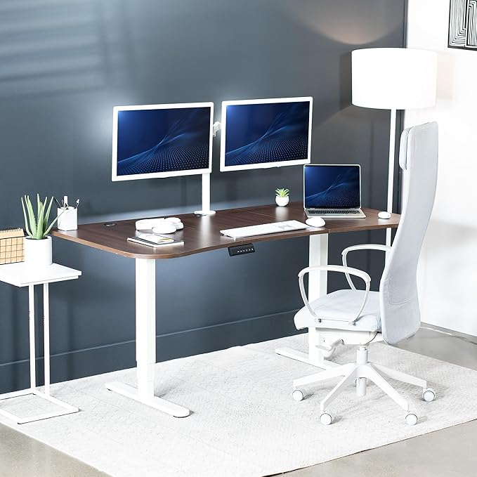VIVO Electric 63 x 32 in Dual Motor Standing Desk, Memory Height Adjustment, 2B Series, Dark Walnut Top White Frame, DESK-KIT-2W1D