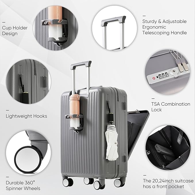 Merax Front Opening 20-Inch Carry-On Luggage with Expandable Travel Bag Set, ABS Hard Shell Two-piece Suitcase Set with USB Port, Cup Holder, ABS+grey blue