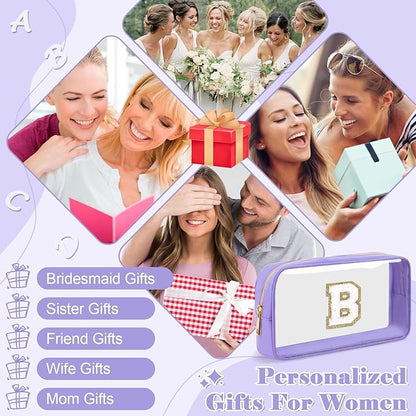 Personalized Initial Letter Clear Makeup Bag,Preppy Small Nylon&PVC Cosmetic Zipper Bag with Chenille Letter,Travel Skincare Toiletry Bag,Monogram Christmas Gift for Teen Girls Women,B