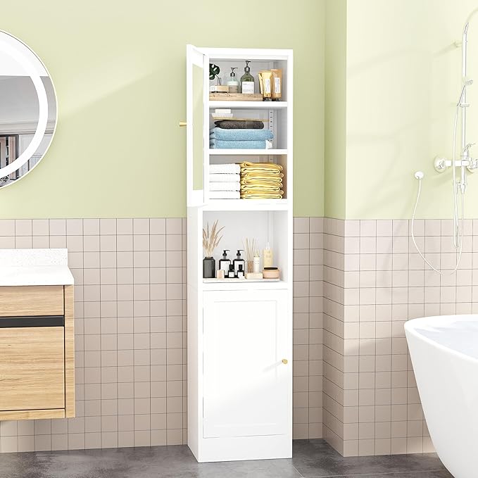 Tall Narrow Storage Cabinet - 67" Slim Bathroom Organizer with 3 Adjustable Shelves, 2 Doors (Left/Right Opening),Metal Floor Cabinet for Small Spaces, Bathroom & Kitchen (Glass, White)