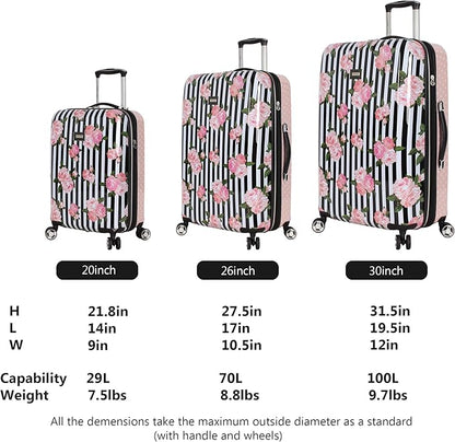 Betsey Johnson Designer Luggage Collection - Expandable 3 Piece Hardside Lightweight Spinner Suitcase Set (Stripe Roses)